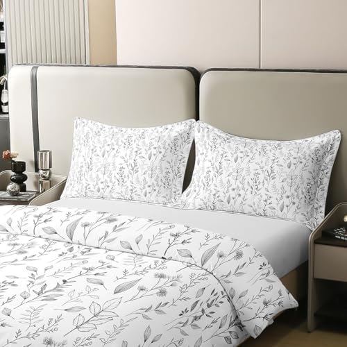 Feelyou White Grey Flower Duvet Cover 100% Cotton Queen Size Boys