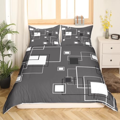 Square Geometric Duvet Cover Queen Size,Gray White Grid Comforter