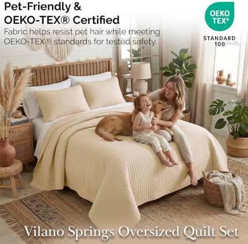 Oversized Queen Size Quilt Bedding Set w/ 2 Quilted Pillow Shams, Soft