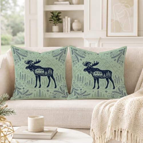 Rustic Moose and Camping Wilderness Throw Pillow Covers 18x18 Set of 2