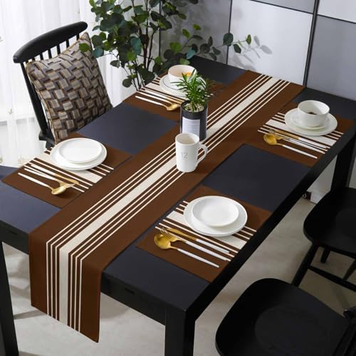 Modern Table Runner and Placemats Set of 6 Brown Striped Linen Texture