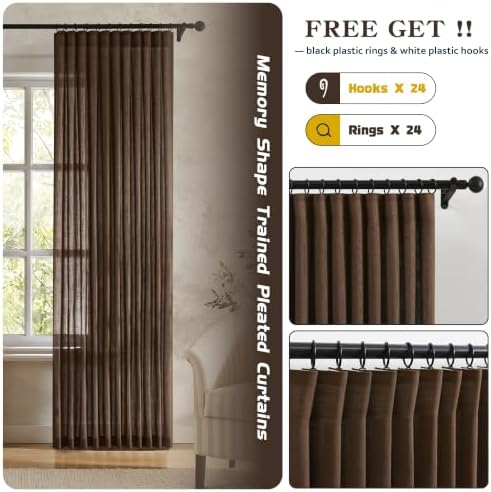 DUALIFE Brown Pinch Pencil Pleated Linen Curtains 52x96 Inch Long 2