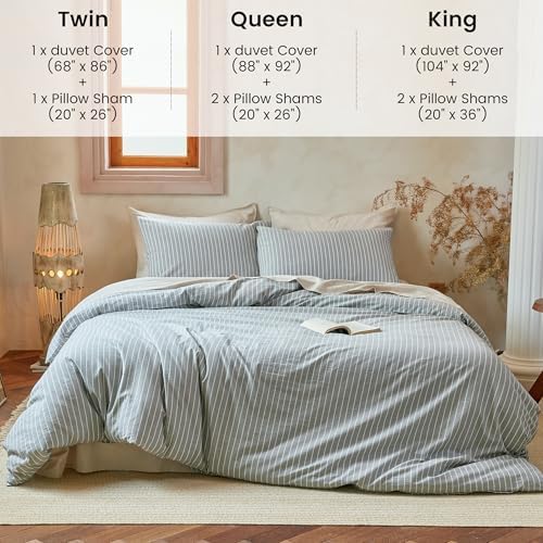 FALUCA 100% Washed Cotton Striped Duvet Cover Set King Size 3 Pieces