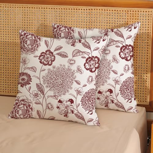 Floral Pillow Covers 18x18 Inch Set of 2 Vintage Burgundy Red Flower