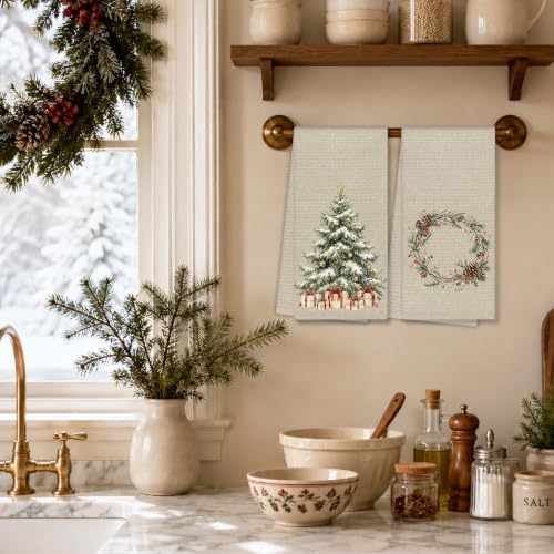 Christmas Tree Wreath Kitchen Towels, Rustic Vintage Neutral Winter