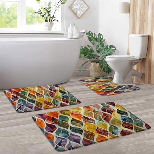 4 Pieces Bath Rugs Boho Abstract Leaves Mid Century Retro Colorful