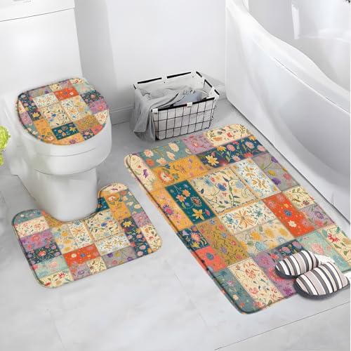 4 Pieces Bath Rugs Boho Floral Patchwork Vintage Country Multicolor