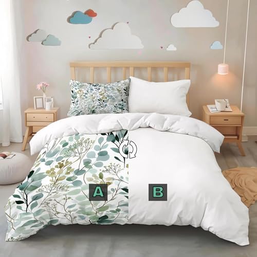 Duvet Cover Set King, Watercolor Eucalyptus Leaves Brushed Microfiber