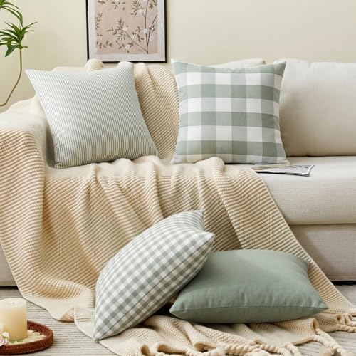 Sage Green Buffalo Check Plaid Outdoor Throw Pillow Cover 18x18 Set of
