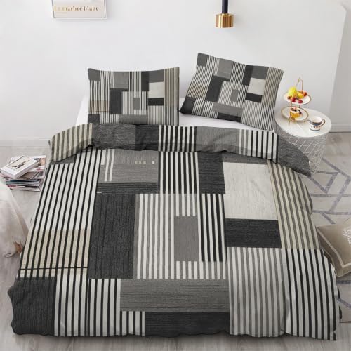 Grey Duvet Cover Queen Size, Geometric Striped Bedding Set