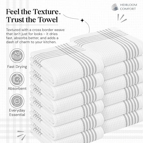 Grey and White Cotton Kitchen Towels 3 Pack, 16x26 Inch, Waffle Weave