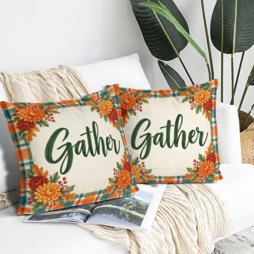 Leaves Plaid Decor Pillow Covers 22x22 Inch Set of 2 Linen for Fall