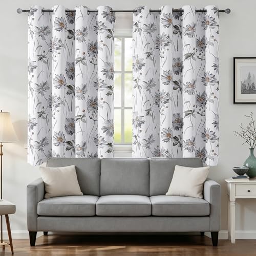 BROSHAN Gray Floral Bedroom Blackout Curtains Short 63 inches