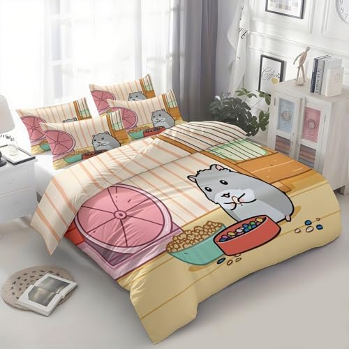 King Duvet Cover Set Cartoon Hamster Sunflower Seed Lines Bedding with