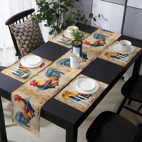 Table Runner and Placemats Set of 6 Rooster Chicken Decorative Dining