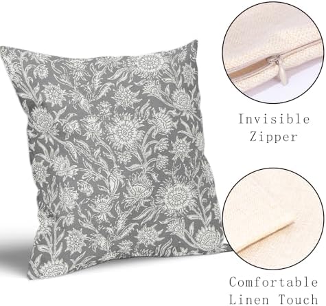 Gray Vintage Floral Pillow Covers 18x18 Inch Set of 2 Neutral Flower