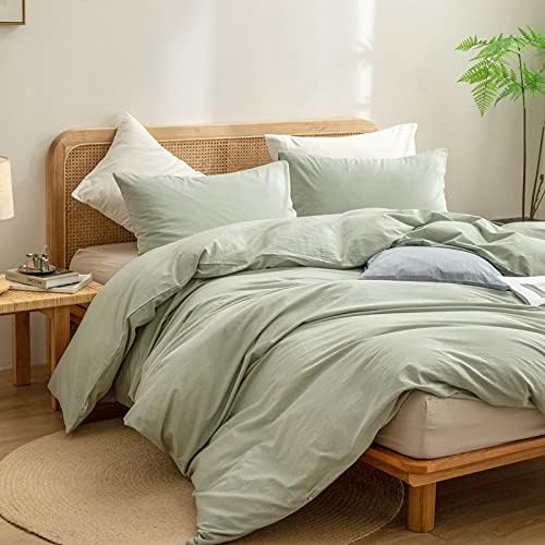 BESTOUCH Cotton Solid Duvet Cover Set Linen Feel Sage Green California