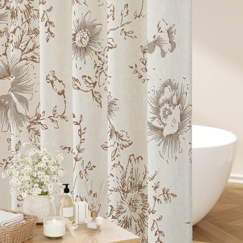 Brown Floral Linen Shower Curtain, Cottagecore French Country, 72x84