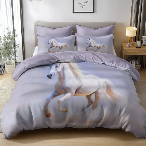 King Duvet Cover Set Soft Microfiber Oil Painting Horse Light Purple