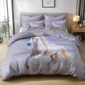 King Duvet Cover Set Soft Microfiber Oil Painting Horse Light Purple