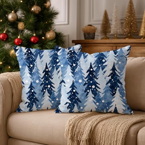 Pine Trees Throw Pillow Covers Set of 2, Winter Rustic Snowflakes Blue