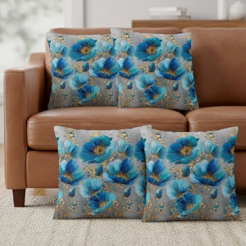 Set of 4 Blue Green Flowers Pillow Covers Modern Teal Gold Floral