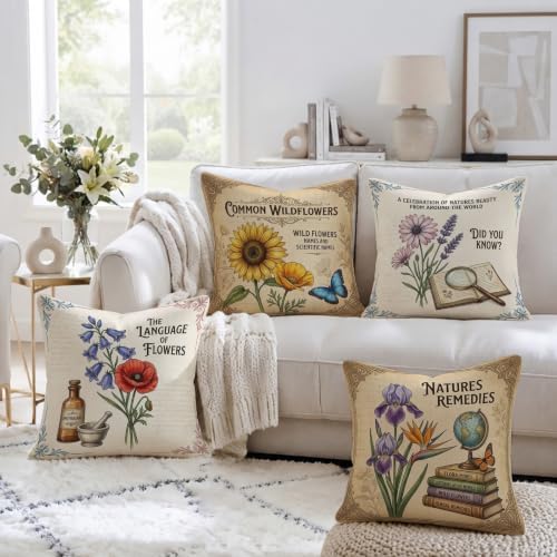 Vintage Botanical Floral Illustration Throw Pillow Covers 20x20 Set of