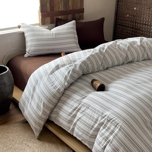 Striped Duvet Cover Set King Size 3PCS 100% Washed Cotton Minimalist