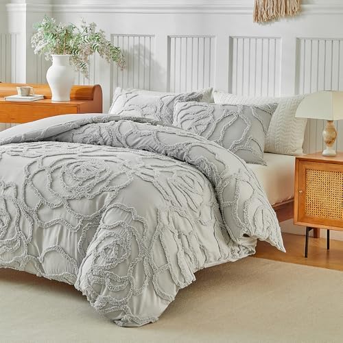 Tufted Boho Duvet Cover Set 3 Pieces, Gray Jacquard Embroidery