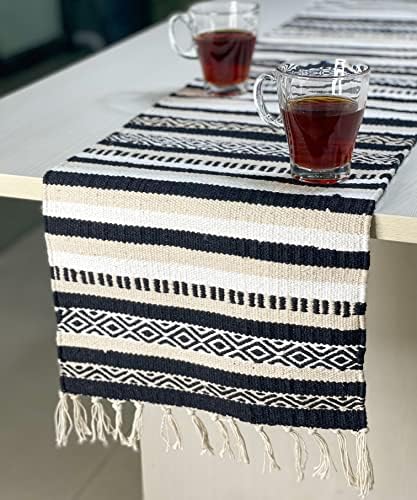 CHARDIN HOME Black, Cream, White Boho Table Runner | Cotton Farmhouse