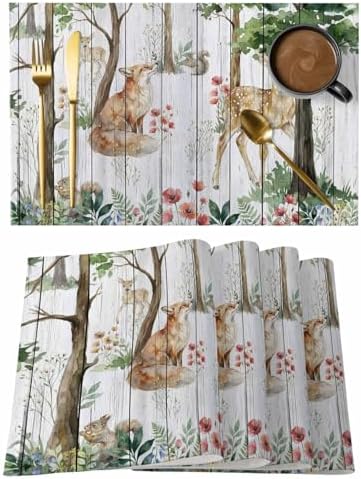 Placemats Set of 8, Spring Forest Animals Woven Placemat, Linen Place