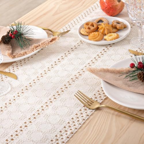 Table Runner Tassel Cotton Linen Pattern Bohemian Beige A 12*108 in