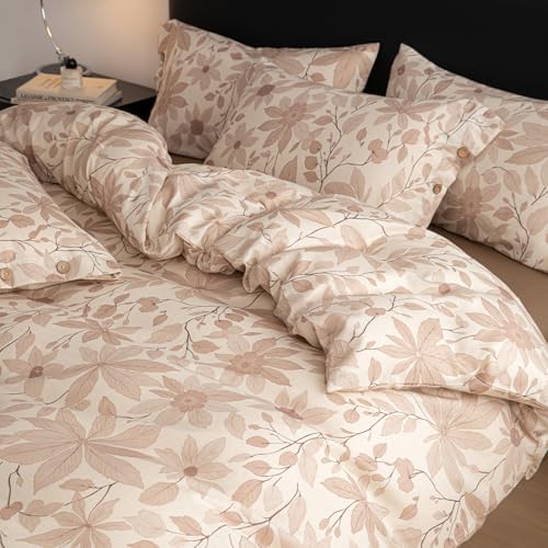 HighBuy Linen Duvet Cover Queen Size Tan Brown Leaf Duvet Cover Set