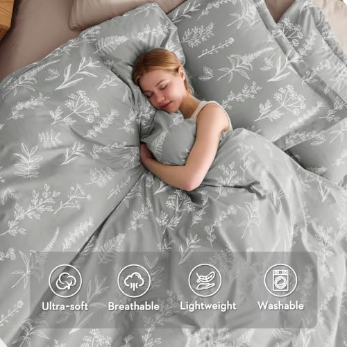 MUXHOMO Duvet Cover Queen Size, 3-Piece Floral Silver Grey Bedding Set