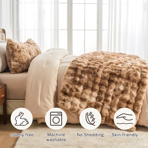 EMME Faux Rabbit Fur Bubble King Blanket, Tie Dye Brown 108" x 90"