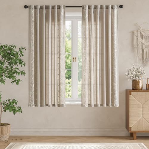 jinchan Taupe Floral Linen Curtains for Living Room 63" Back Tab 2