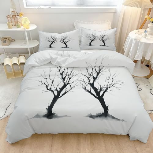 Light Gray Duvet Cover Set King Size, Minimalist Dead Branch Pattern