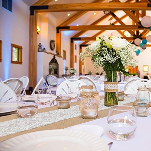 Chumia 12 Pack Burlap Table Runners with Lace 12 x 72 in, Pretty Style