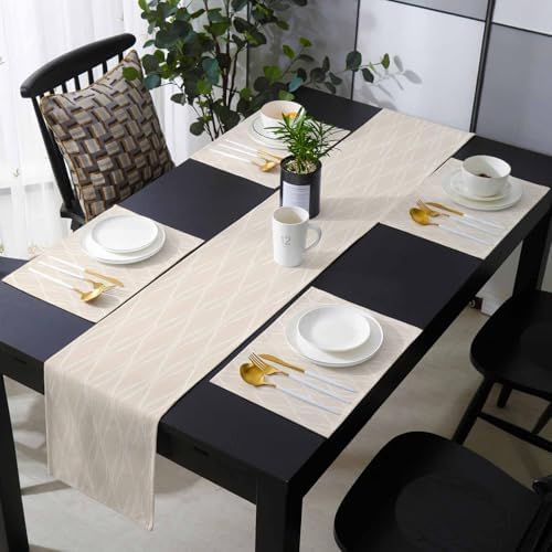 Beige Moire Waves Table Runner and Placemats for Dining Table, Burlap