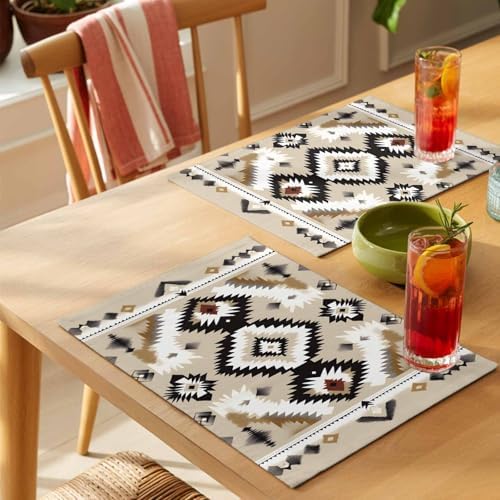 Placemats Set of 8, Black Brown Boho Woven Placemat, Linen Place Mats