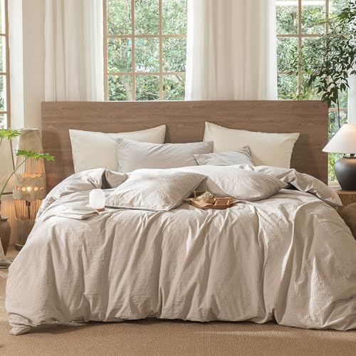 MooMee Jacquard Duvet Cover Set 100% Washed Cotton Linen Like Cal King