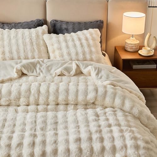 King Faux Rabbit Fur Comforter Set - 3 Pieces Fluffy Bedding Set Ultra