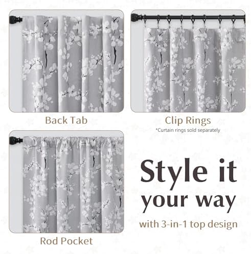 FMFUNCTEX Grey Blackout Floral Curtains for Bedroom, 63 Inches, 2