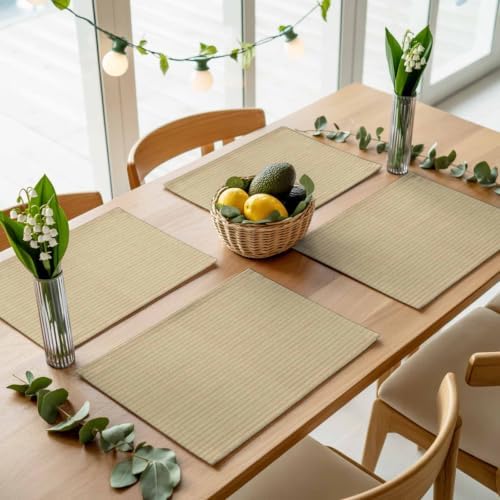 Woven Texture Placemats Set of 8, Beige Straw Weave Check Rustic