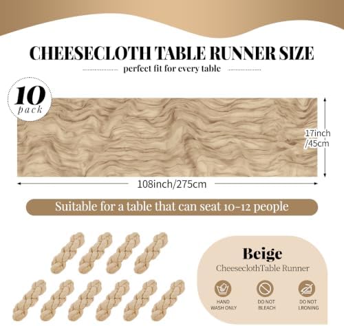 10 Pack Beige Cheesecloth Table Runner 17x108 Inch Boho Gauze Cheese