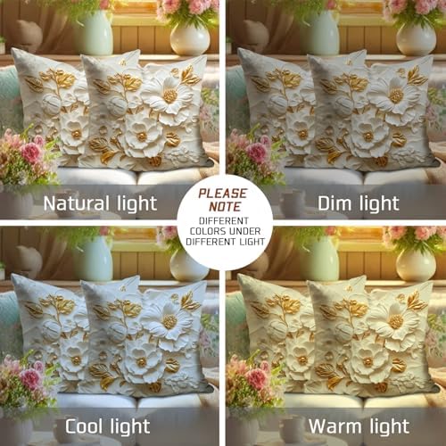 Elegant Floral Pillow Covers Set of 2, White and Gold Flower