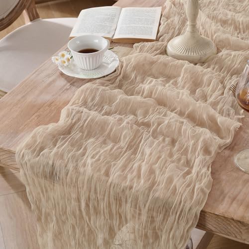 12 Pack Tan Beige Cheesecloth Table Runners, 120 Inch 10Ft Gauze Table