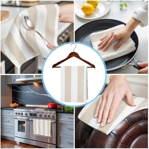 Cream Striped Kitchen Towels Set of 3, Water Absorbent Dish Towel
