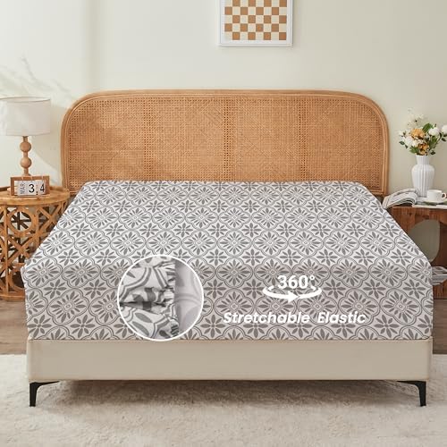 King Fitted Sheet Only,Deep Pocket Fit up to 18",Gray Vintage Floral