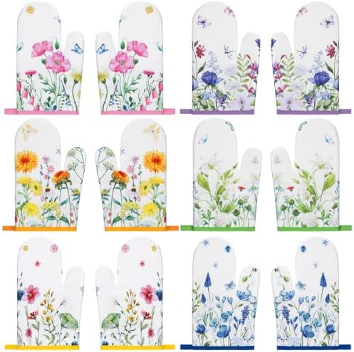 Fourluoo 6 Pairs Bulk Floral Oven Mitts, Heat Resistant, 6.7 x 9.8 in